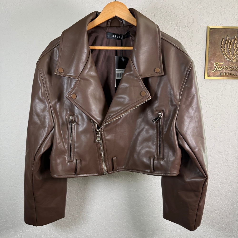 Lioness Staten Island Brown Vegan Leather Cropped Moto Jacket Womens XS NEW